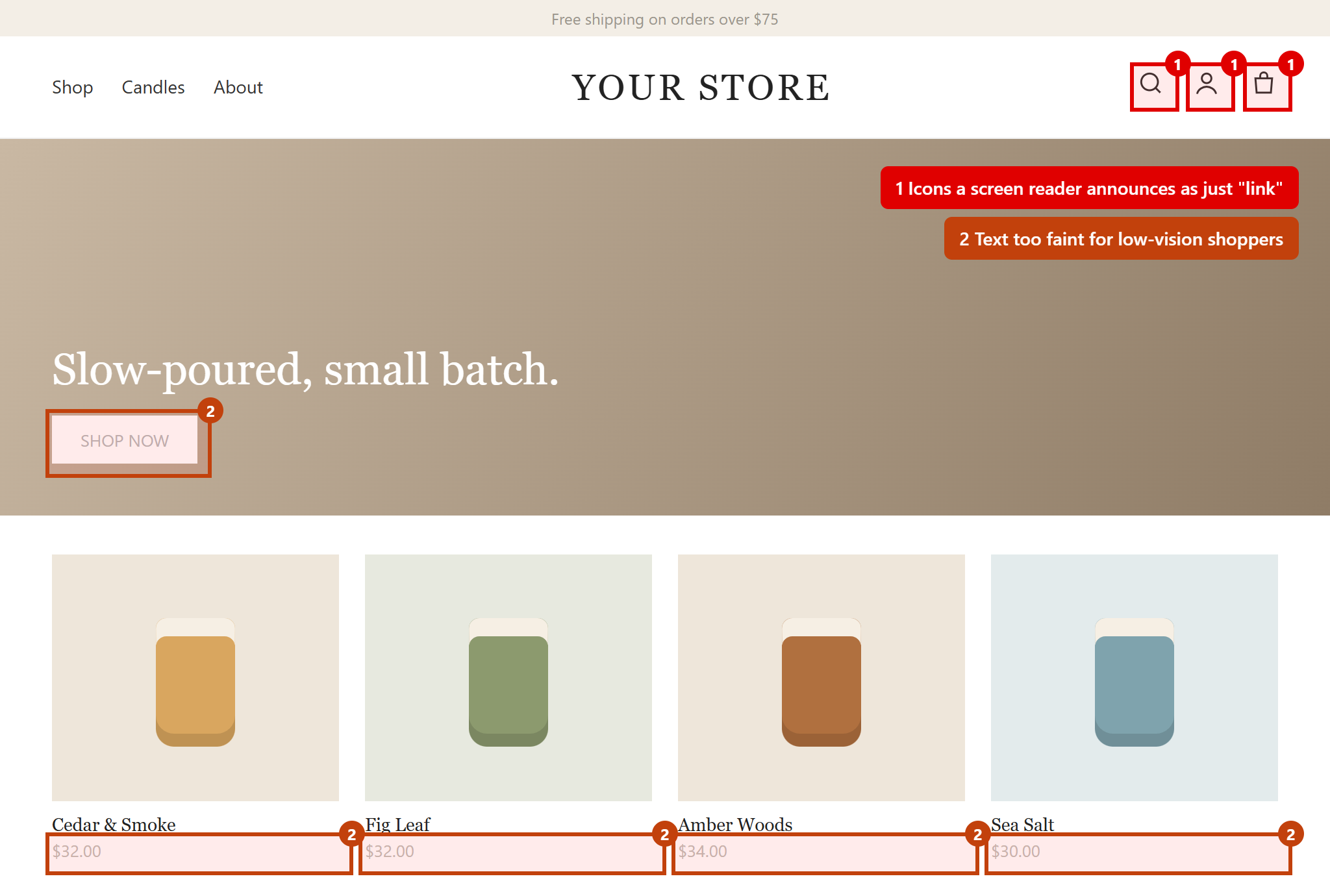 Example scan screenshot: a demo store's search, account and cart icons outlined in red, labelled 'links a screen reader announces as just link'.